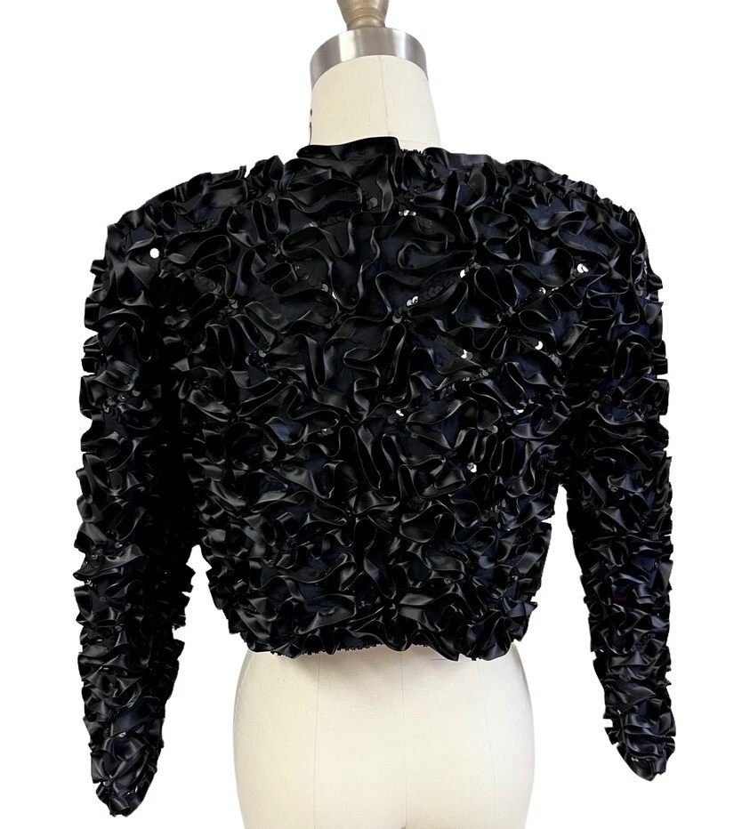 Chaqueta Bolero JK Laing De Colección Años 80 Retro Glam Negra Cinta de Seda Lentejuelas I. Magnin S Foto 3 de 4