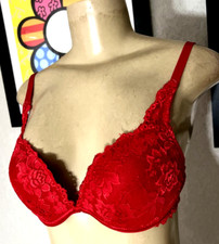 Fredericks of Hollywood Red Lace Overlay Heavy Padding Sz 34B bt8