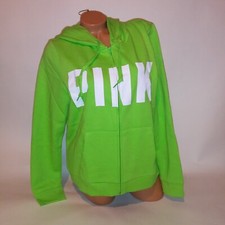 Victoria Secret PINK Hoodie XL Green White Full Zip Hooded Long Sleeve Solid New