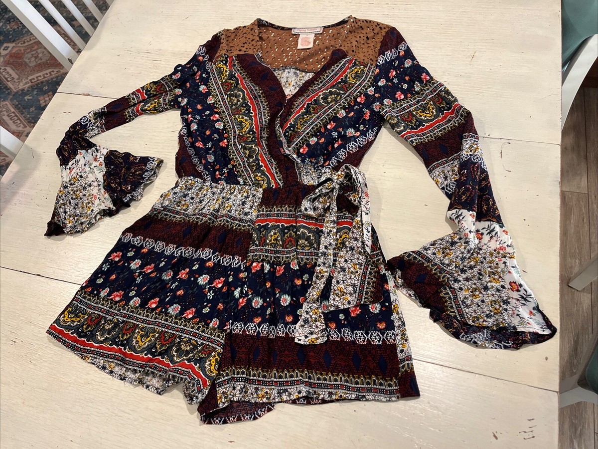 Flying Tomato Short Romper Women's M Faux Wrap Long Bell Sleeve | eBay