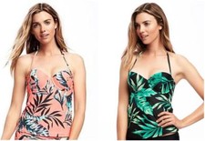 New Old Navy Women Green Orange Palm Leaf Print Halter Balconett Tankini Top S