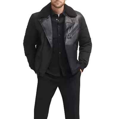 NWT DKNY Mixed Media Motorcycle Jacket Black Faux Leather