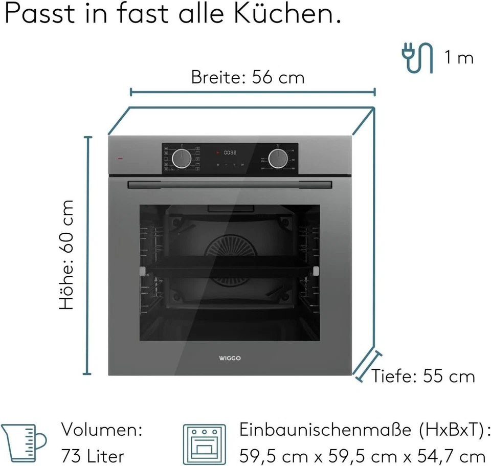 Wiggo Einbau-Backofen WO-BFA610 grau I Heißluftofen Energieklasse A - Bild 3 von 4