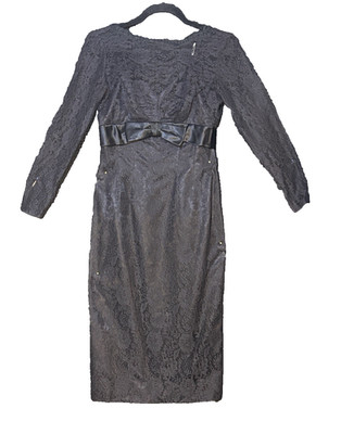 Vintage Black Dress 50s Illusion Wiggle Lace  Satin Bow Hour Glass Berta''s