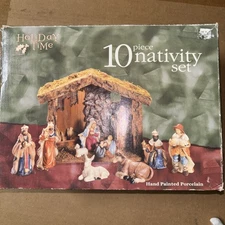 Vintage Nativity Set Includes 10 Hand Painted Porcelain Figures Plus Wood Manger