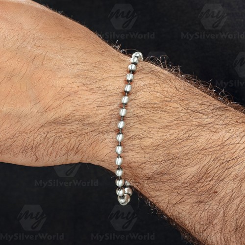 Men's 925 Sterling Silver Bracelet – Oxidized Matte Ball Bead Chain, 5mm - Picture 2 of 3
