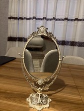 Elegant Vintage Style Oval Vanity Tabletop Swivel Mirror Silver Ornate Frame