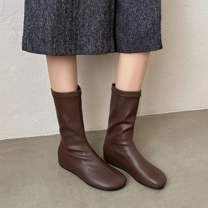 Mujeres Tacones Altos de Cuña Botas a Media Pantorrilla Cuero Punta Redonda Tirar Zapatos Informales Talla Foto 2 de 4