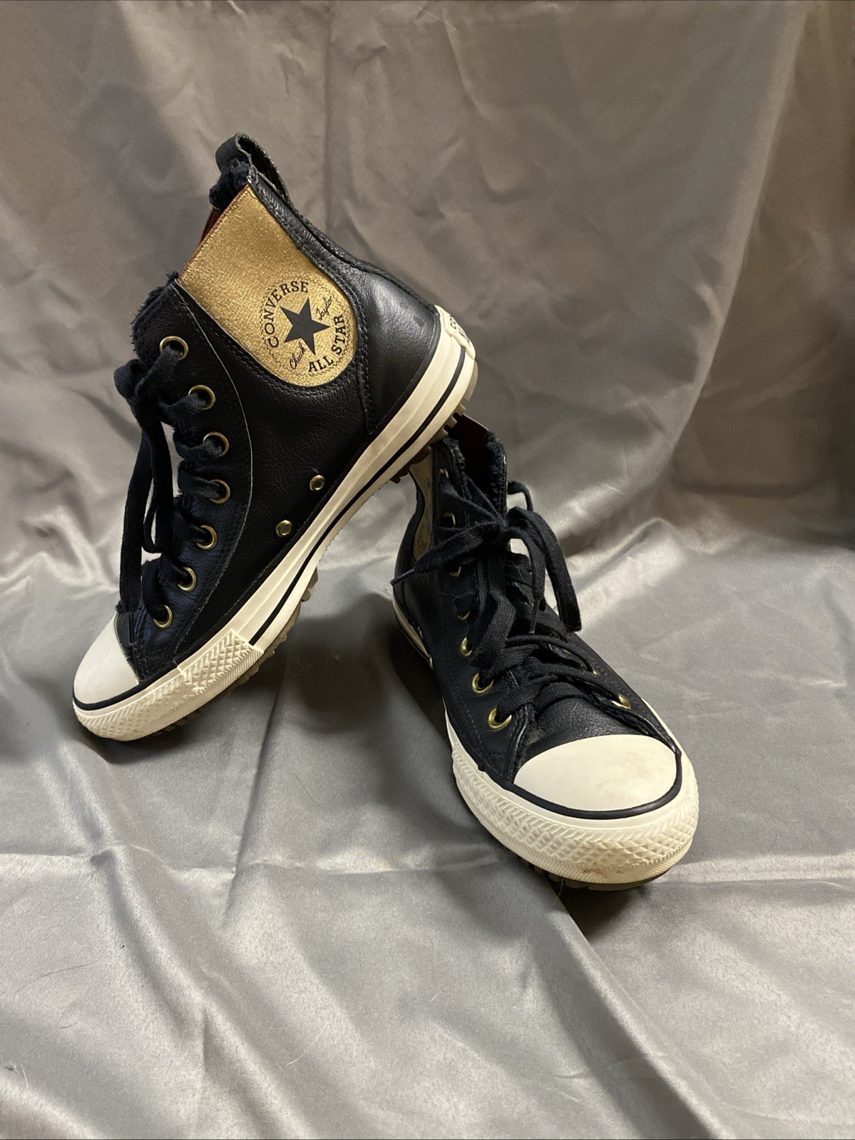 Women’s High Top Chuck Taylor Converse Black Leather/ Gold / Fur Lined