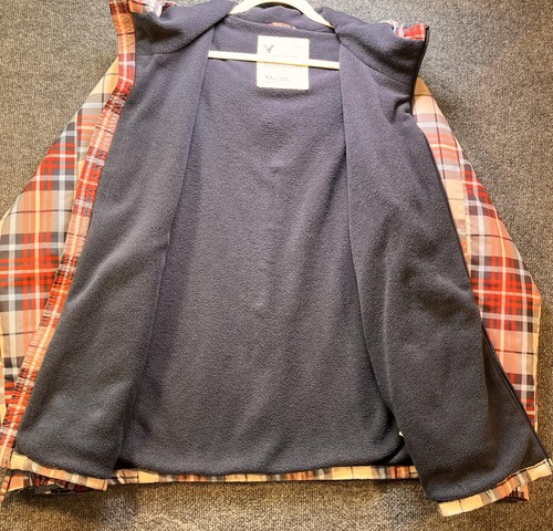 American Eagle Jacket Mens XL Gray Red Plaid Hooded Fleece Lined Coat - Picture 3 of 11