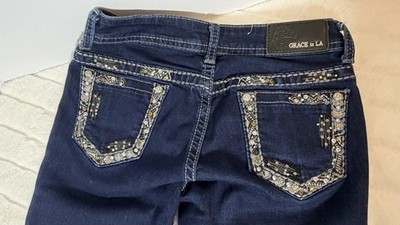 Girls 14 Grace Embroidered/rhinestone Pockets Dark Blue Boot Cut Jeans