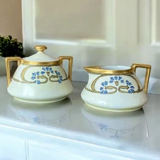 Antique Bavaria Creamer & Sugar Bowl Cream Gold Blue Floral Art Nouveau Signed