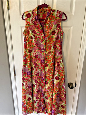 April Cornell Floral Sleeveless Collared Button Down Maxi Dress Vintage 90s Sz.M