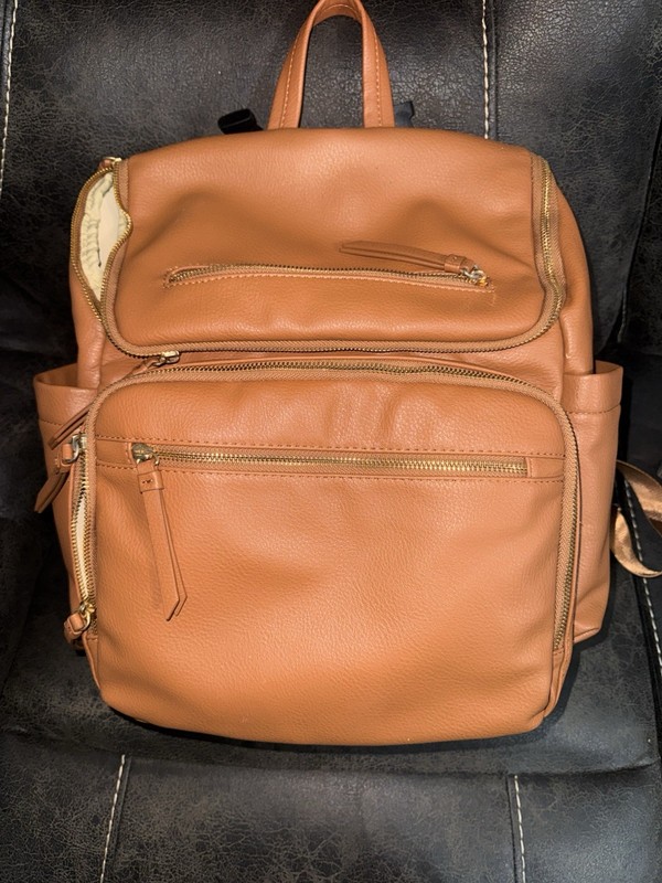 Brown/Tan Solid Diaper Bag Backpack w/ Multiple Inner Pockets, Adjustable Strap