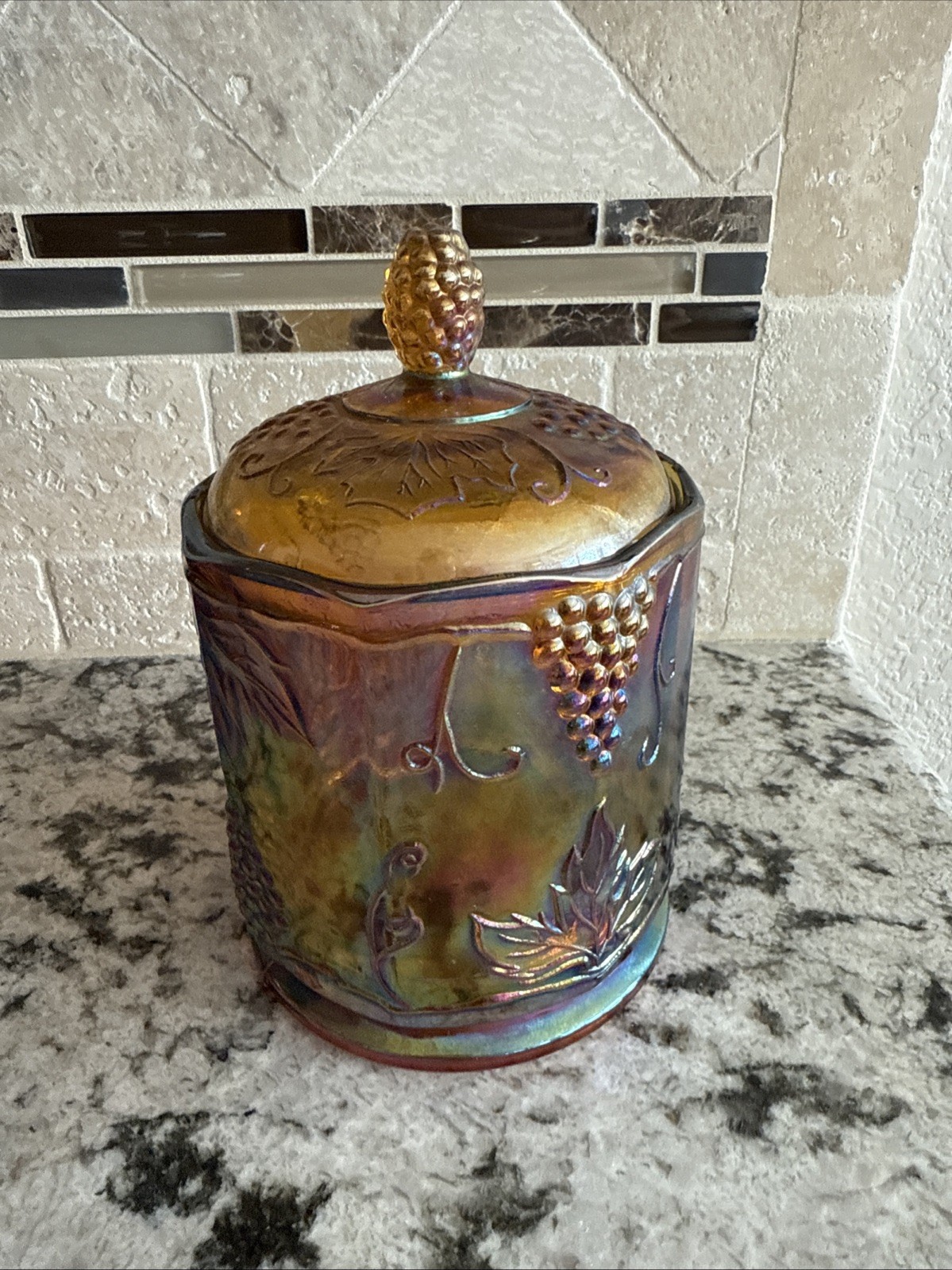 Vtg Indiana Glass Gold Carnival Harvest Grape Candy Biscuit Jar Lid 70s