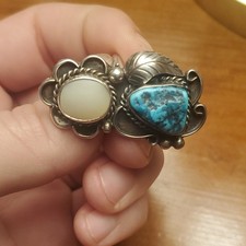 Silver Turquoise Triangle Mother of Pearl Ring Native American Style Statement