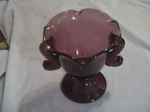Fenton Glass Compote Vase Dolphin Koi Fish Handles Amethyst Purple 5 1/4"