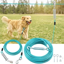 50FT Dog Runner for Yard with 15FT Tie Out Cable - Heavy Duty Trolley System for