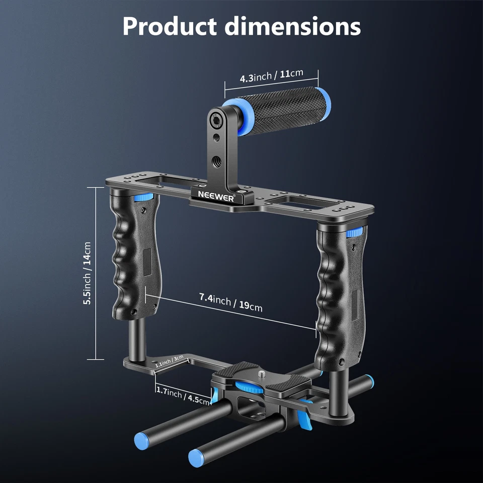 NEEWER CG-MFD Camera Cage Kit w/Handle & Grips, 15mm Rods, Black+Blue - Image 3 of 4