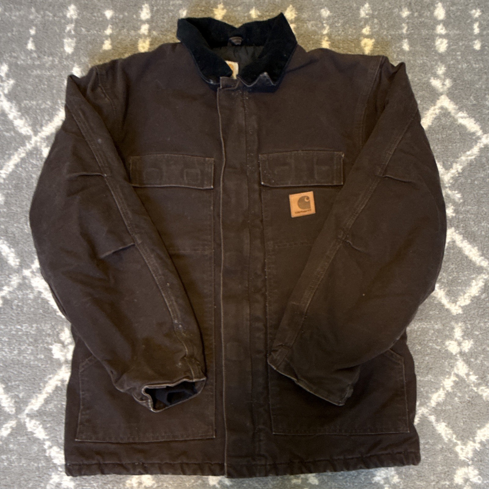 (Y2K) Carhartt Men's Black Work Jacket Corduroy Collar Lined Full Zip Size M