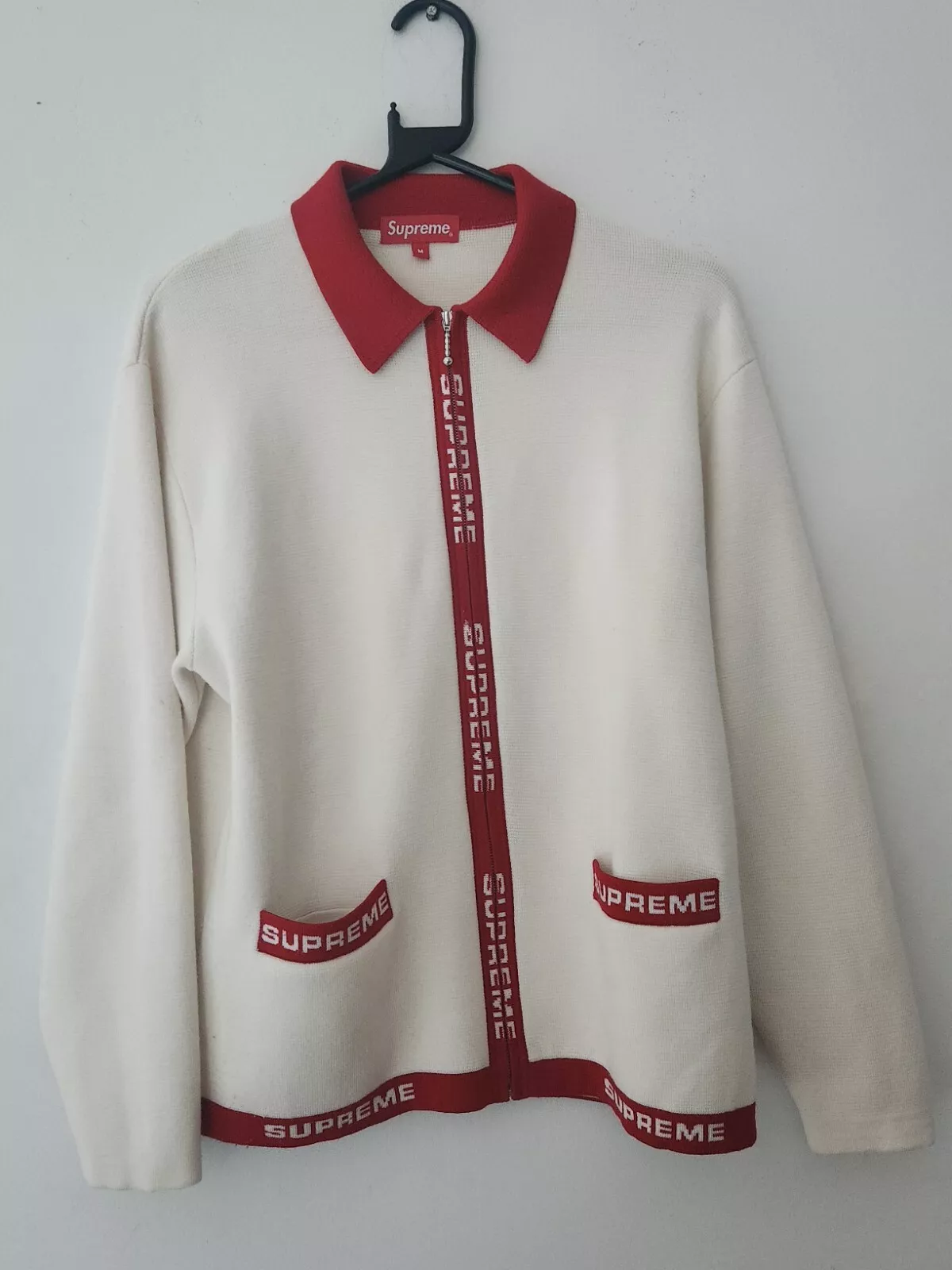 SS21 Supreme Logo Trim Zip Up Cardigan Size M Medium Merino Wool Sweater Shirt