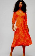 New ladies Fig &Basil new wrap tie midi dress orange print size 12