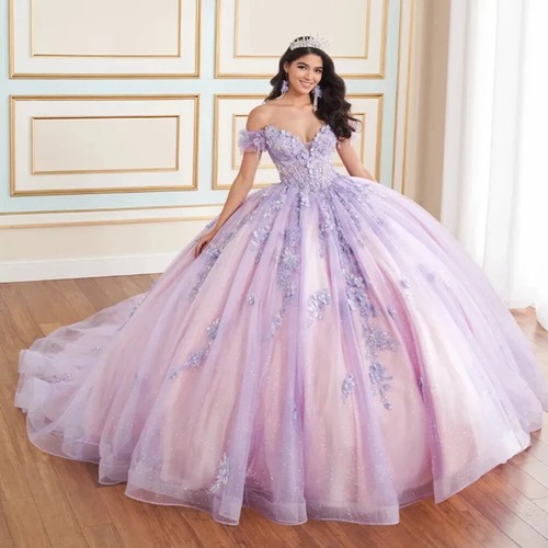 Sparkly Lavender Quinceanera Dresses Ball Gown Shiny Lace Beading Corset Sweet16 - Picture 12 of 12