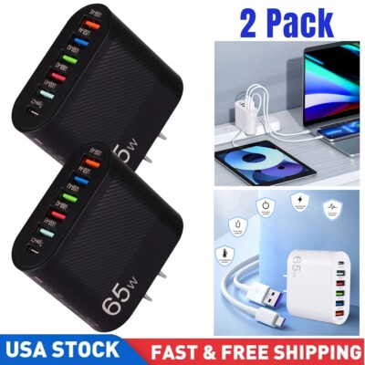 2 Pack 6 Port USB Hub Wall Charger Travel Fast Charging Station Power AC Adapter