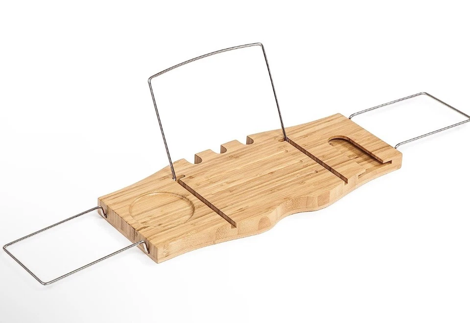 Bandeja de bambú para carrito de bañera libro de vino tableta teléfono soporte de jabón asas de alambre Foto 2 de 2