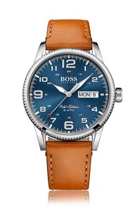 HUGO BOSS Leather Strap 44mm Stainless Steel Case w/BlueDial Day/Date Watch  1513 | eBay
