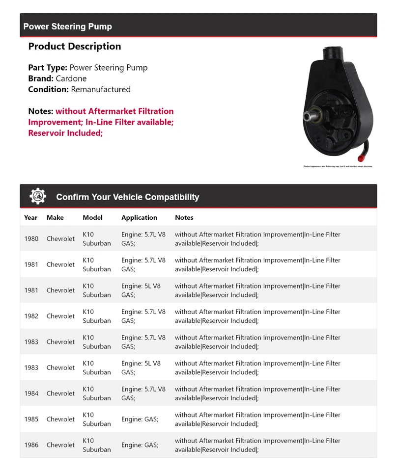 适用于 1980 - 1986 年雪佛兰 K10 Suburban 动力转向泵 Cardone 1981 1982 1983 — 第 2/4 张图片