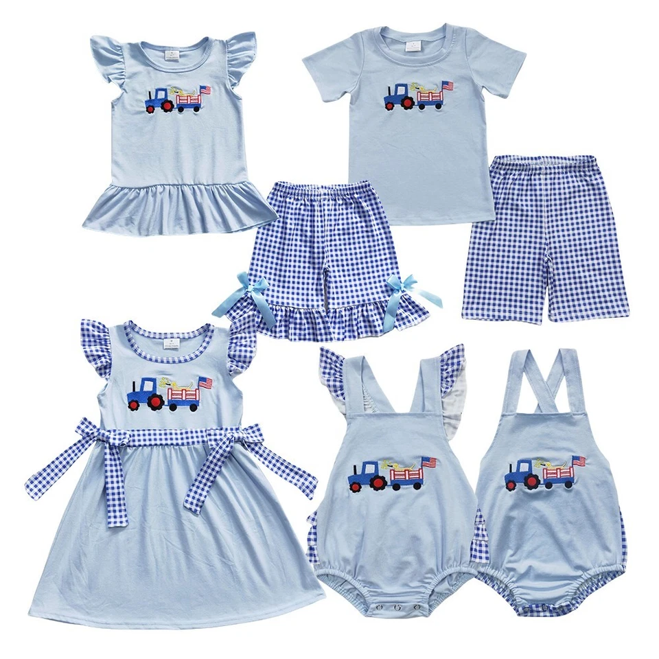 Baby Girls 4th of July Summer Sibling Blue Rompers Dresses Outfits Clothes Sets - Image 1 of 1