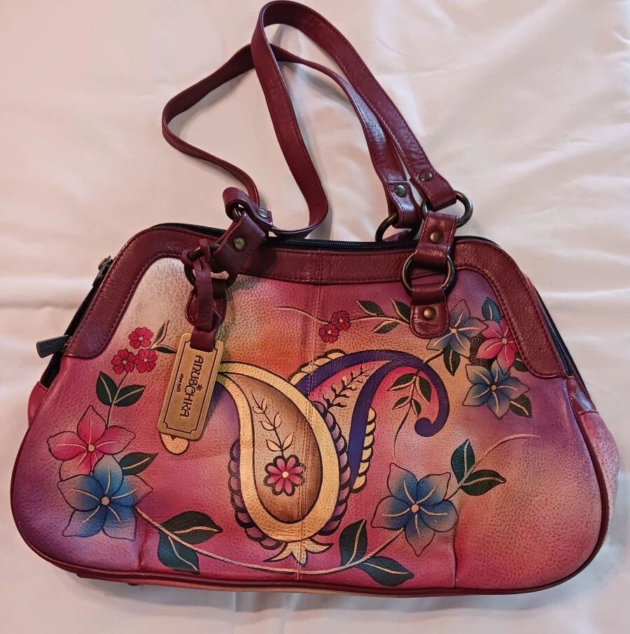 Anuschka Hand Painted Leather Wine Paisley 3 Compartment Shoulder Bag Purse NWOT