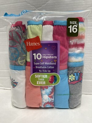 Hanes Girls' Tagless Super Soft Cotton Hipsters, 10 pack Assorted Colors Size 16