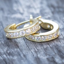 Yellow Gold Plated Iced Small Cz Sterling Silver Huggie Hoop Earrings For Men
