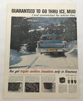 1958 Firestone Town And Country Tires 2 Separate Page Print Ad Ice Mud Or Snow