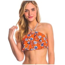 Women's MINKPINK Orange Floral Overlay Halter Bikini Top Gold Accents S Feminine