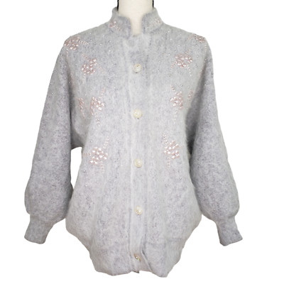 Vintage Cardigan Sweater Large Gray Angora Lined Dolman Sleeves Korea Soft Fuzzy