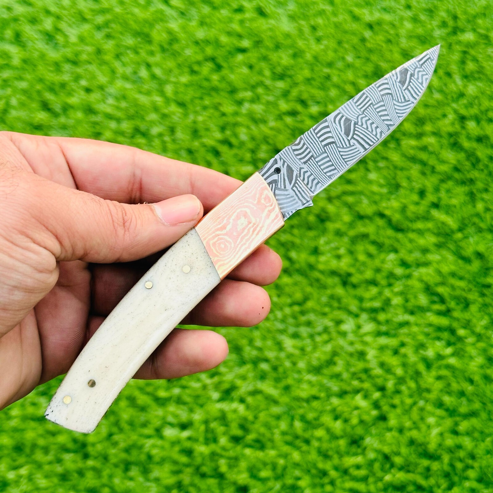 Master Cut Mosaic Damascus Pocket Knife Bone Handle