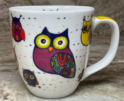 Large Coffee Mug Cute, Coloful Owls With Dots. Konitz. Porcelain. 14 Ounce. New.