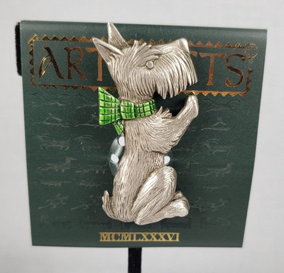 Vintage JJ Jonette Silver Tone Scotty Dog Sitting for Treat Artifacts Brooch