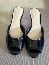 NINE WEST Black Patent Leather Peep Toe Slip On Kitten Heel Mules Size 5.5M