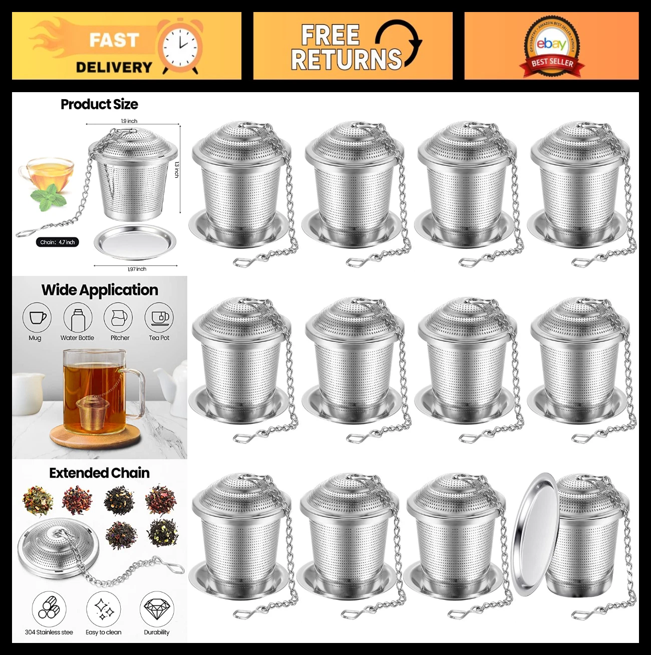 12 Pcs Stainless Steel Tea Infuser Set - Fine Mesh Strainer with Chain & Saucer