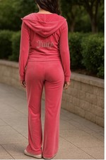 NWT 199 Juicy Couture Pink Velour Tracksuit Hoodie Pant Set Womens L