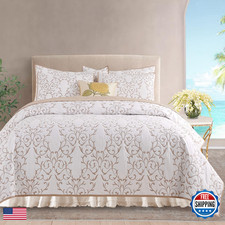Querencia Cotton Quilt King Size - Embroidered Beige Quilt Tan Cotton Coverlet