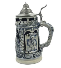 Rothenburg o.d.T German Beer Stein Stoneware Salt Glazed Cobalt Blue 7" SS Lid
