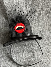 Black Mini Top Hat Fascinator Headband w/ Tulle Veil, Red Lips, Vampire