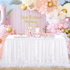 6Ft White Tulle Table Skirt for Rectangle Tables or round Tables with LED Lights