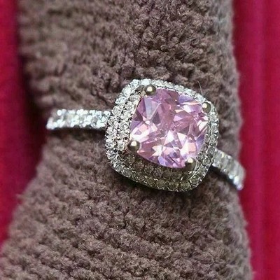 2Ct Cushion Cut Lab-Created Pink Sapphire Engagement Ring 14k White Gold Plated