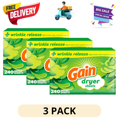 3 Pack Gain Dryer Sheets 240 Count Fabric Softener Original Scent Laundry